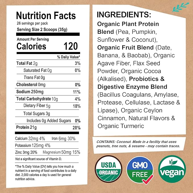 EarthChimp Organic Vegan Protein Powder - with Probiotics - Non GMO, Dairy Free, Non Whey, Plant Based Protein Powder for Women and Men, Gluten Free - 26 Servings 32 Oz (Plain & Unsweetened) No Scoop