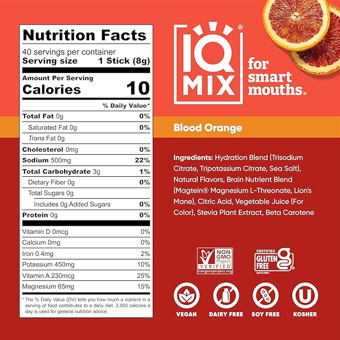 IQMIX Sugar Free Electrolytes Powder Packets - Hydration Supplement Drink Mix with Keto Electrolytes, Lions Mane, Magnesium L-Threonate, and Potassium Citrate - Blood Orange (40 Count)