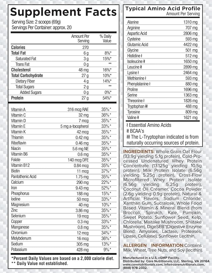 Core Nutritionals Platinum MRP Full Spectrum Meal Replacement, Sustained Release for All Day Amino Acid Support, 27G Protein, 20 Servings (Double Chocolate Oatmeal Cookie)