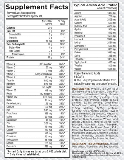 Core Nutritionals Platinum MRP Full Spectrum Meal Replacement, Sustained Release for All Day Amino Acid Support, 27G Protein, 20 Servings (Double Chocolate Oatmeal Cookie)