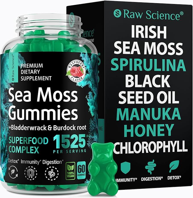 Irish Sea Moss Gummies - Detox Cleanse & Thyroid Support for Women & Men - Black Seed Oil, Manuka Honey, Fenugreek, Chlorophyll, Burdock Root - Gut Health, Immune Support & Energy Supplements - 60 pcs