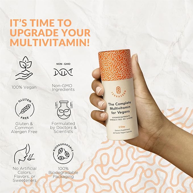 Complete Vegan Multivitamin with Iron, Omega 3, Vitamin D3, Folate, Zinc, Vitamin B12, & More - 100% Sustainable Vegan Vitamins - Non-GMO, Gluten Free, Made in The USA (30 Day Supply)