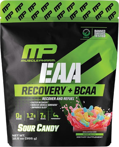 MusclePharm EAA Recovery + BCAAs, Post Workout Essential Amino Acids Powder, Pre Workout Energy Supplement for Men & Women with Branched Chain Amino Acids, 30 Servings (Sour Candy)