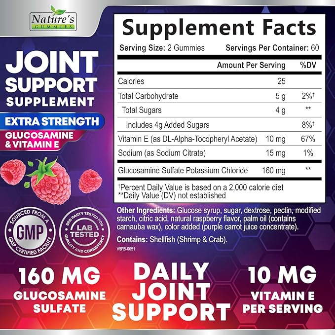 Joint Support Supplement - Extra Strength Glucosamine Joint Support Gummy - Joint Health Support & Flexibility for Back, Knees, & Hands - Vitamin E for Immune Support for Women & Men - 120 Gummies