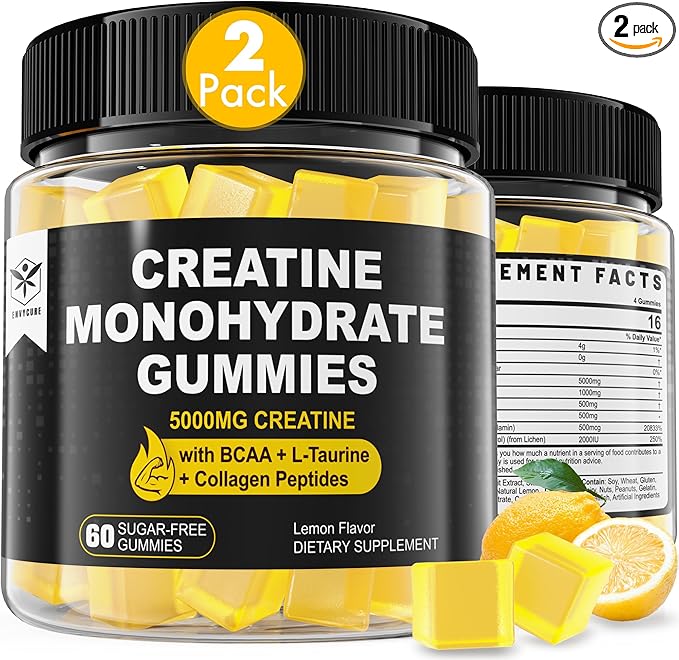 Creatine Monohydrate Gummies 5g for Men & Women, 7000mg with BCAA, Collagen Peptides, L-Taurine, Vitamin B12, D3, Chewables Creatine for Muscle, Delicious Natural Lemon Flavor, Sugar Free, 2 Pack