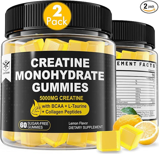 Creatine Monohydrate Gummies 5g for Men & Women, 7000mg with BCAA, Collagen Peptides, L-Taurine, Vitamin B12, D3, Chewables Creatine for Muscle, Delicious Natural Lemon Flavor, Sugar Free, 2 Pack