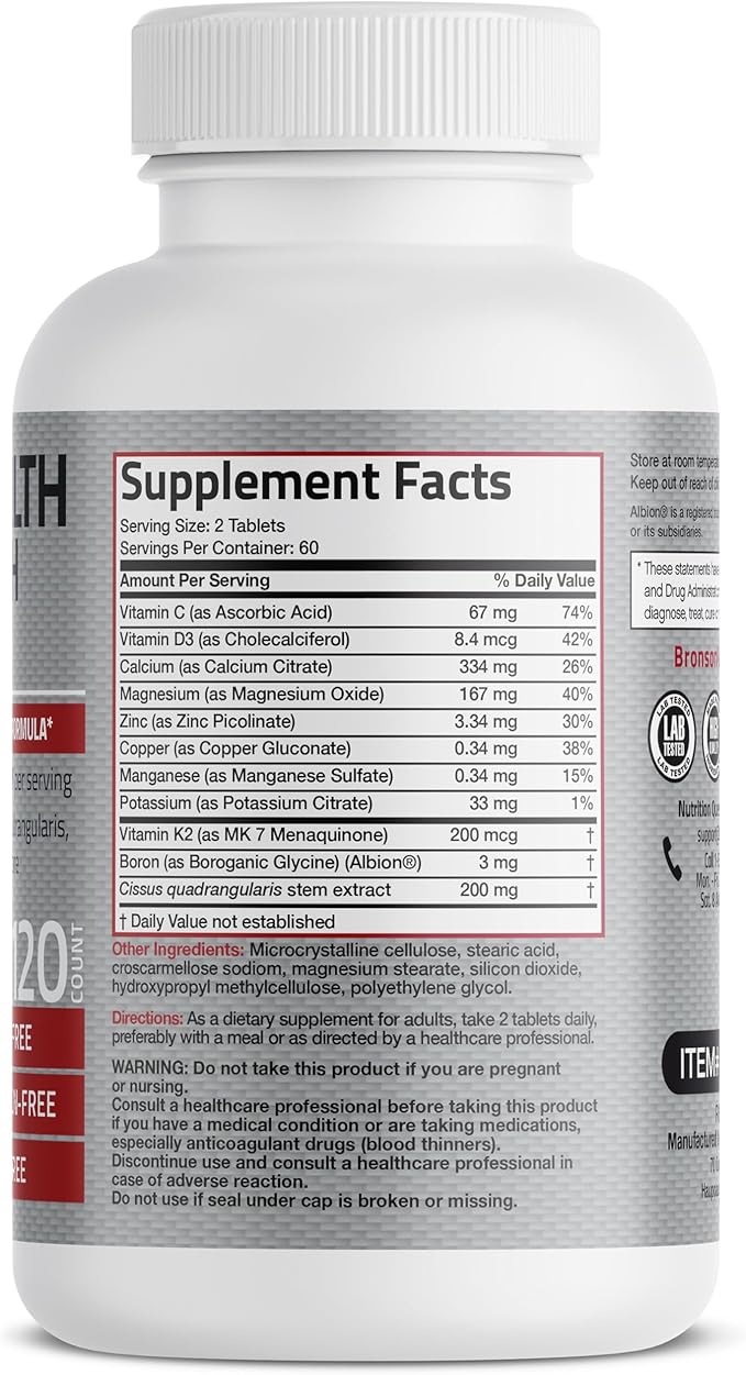 Bronson Bone Health & Strength Complex* High Potency Formula 200 MCG of Vitamin K2 as MK7, Plus Calcium, Boron, Cissus Quadrangularis, Magnesium, Vitamin D3, and More - Non-GMO, 120 Tablets