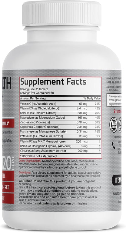 Bronson Bone Health & Strength Complex* High Potency Formula 200 MCG of Vitamin K2 as MK7, Plus Calcium, Boron, Cissus Quadrangularis, Magnesium, Vitamin D3, and More - Non-GMO, 120 Tablets
