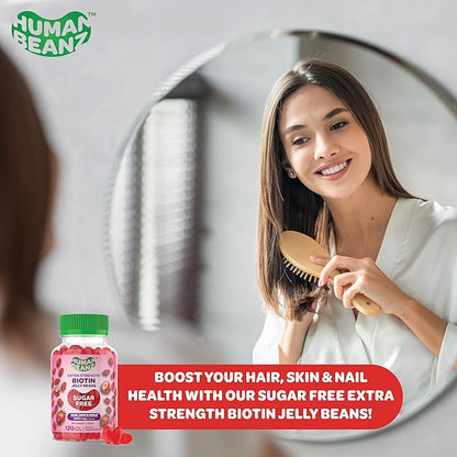 Sugar Free Biotin Jelly Bean Gummy Vitamins, 5000mcg Extra Strength Biotin for Hair, Skin, and Nails, 120 Strawberry Blast Jellybeans Vitamins for Men and Women, Kosher