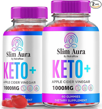 (2 Pack) Slim Aura Keto ACV Gummies, Official SlimAura Keto + ACV Gummies, All Natural Apple Cider Vinegar Gummy, Premium Keto Plus ACV Formula, ACV Keto Gomitas (120 Gummies)
