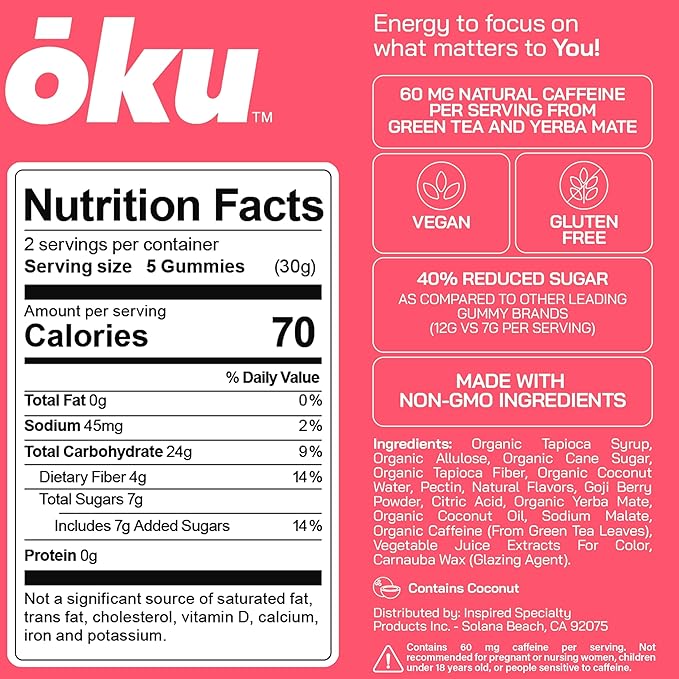 ōku Conscious Energy Gummy Snacks – Natural Caffeine from Green Tea & Yerba Mate, Vegan, Clean Ingredients, Gluten-Free, Focused Energy, Antioxidants & Fiber, Variety Pack of 8
