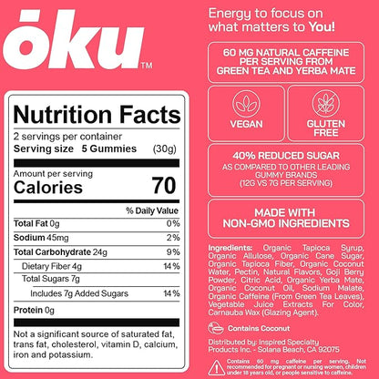 ōku Conscious Energy Gummy Snacks – Natural Caffeine from Green Tea & Yerba Mate, Vegan, Clean Ingredients, Gluten-Free, Focused Energy, Antioxidants & Fiber, Variety Pack of 8