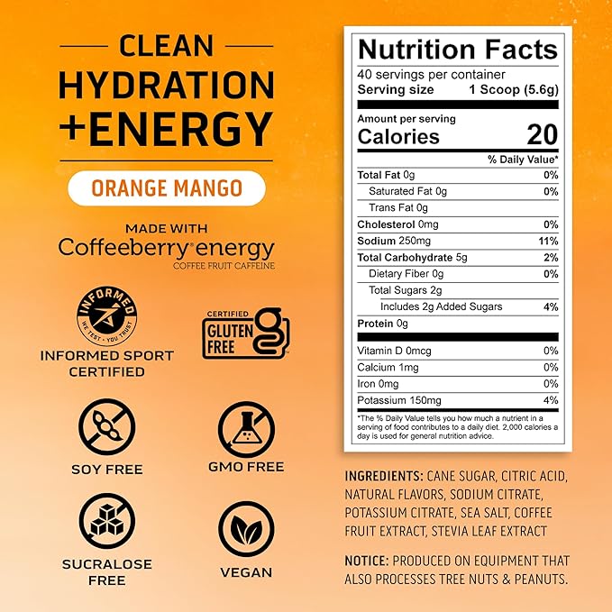 Ascent Clean Hydration + Energy Electrolytes Powder - 100mg Caffeine, 400mg Electrolytes, No Artificial Ingredients, Orange Mango 40 Servings