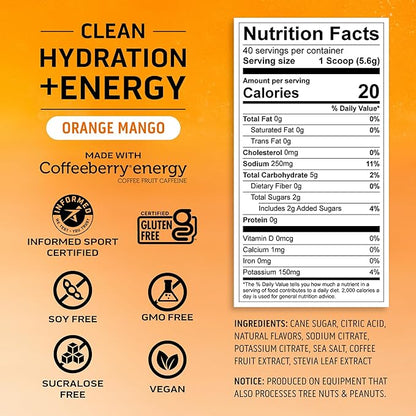 Ascent Clean Hydration + Energy Electrolytes Powder - 100mg Caffeine, 400mg Electrolytes, No Artificial Ingredients, Orange Mango 40 Servings