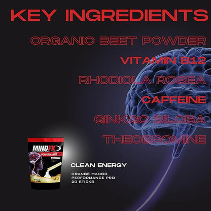 MindFX Performance Pro Blend - Orange Mango | Brain Support Energy Sticks for Focus, Memory, and Cognitive Health | Nootropic Drink Mix with Natural Ingredients - 20 sticks (Orange Mango Pro, 1)