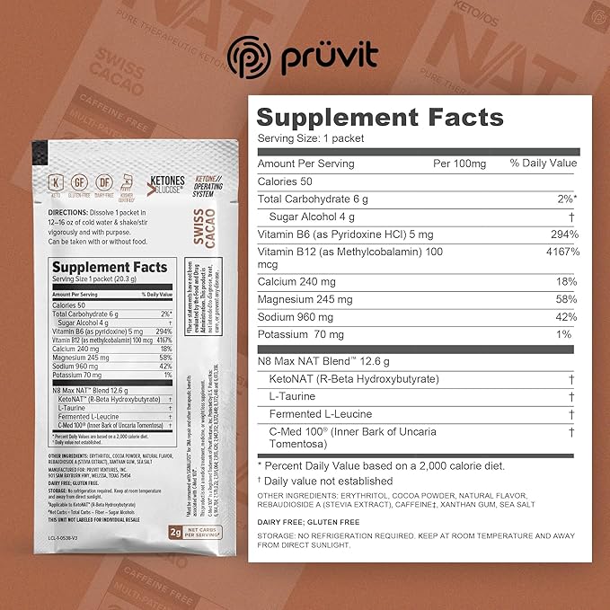 Keto//OS NAT® Swiss Cacao – Caffeine Free - Exogenous Ketones - Supplement for Men and Women (20 Count)