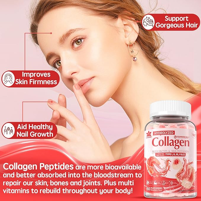 2Pack Sugar-Free Hydrolyzed Collagen Peptide Filled Gummies, with 1500mg Protein Type I,II,III,V,X with 5000mcg Biotin Vitamin C A E D3 B6 B12 for Immune Digestion Skin Hair Nails Energy Bone Joint