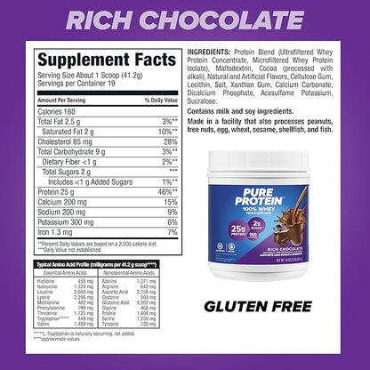 Pure Protein Powder, Whey, High Protein, Low Sugar, Gluten Free, Rich Chocolate, 1 lb