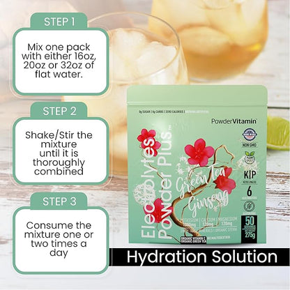 Electrolytes Powder Plus (50 Servings) Green Tea Ginseng Electrolyte Powder Keto, Sugar Free, Pink Himalayan Salt,1000mg Potassium,120mg Calcium,120mg Magnesium, Hydration Powder