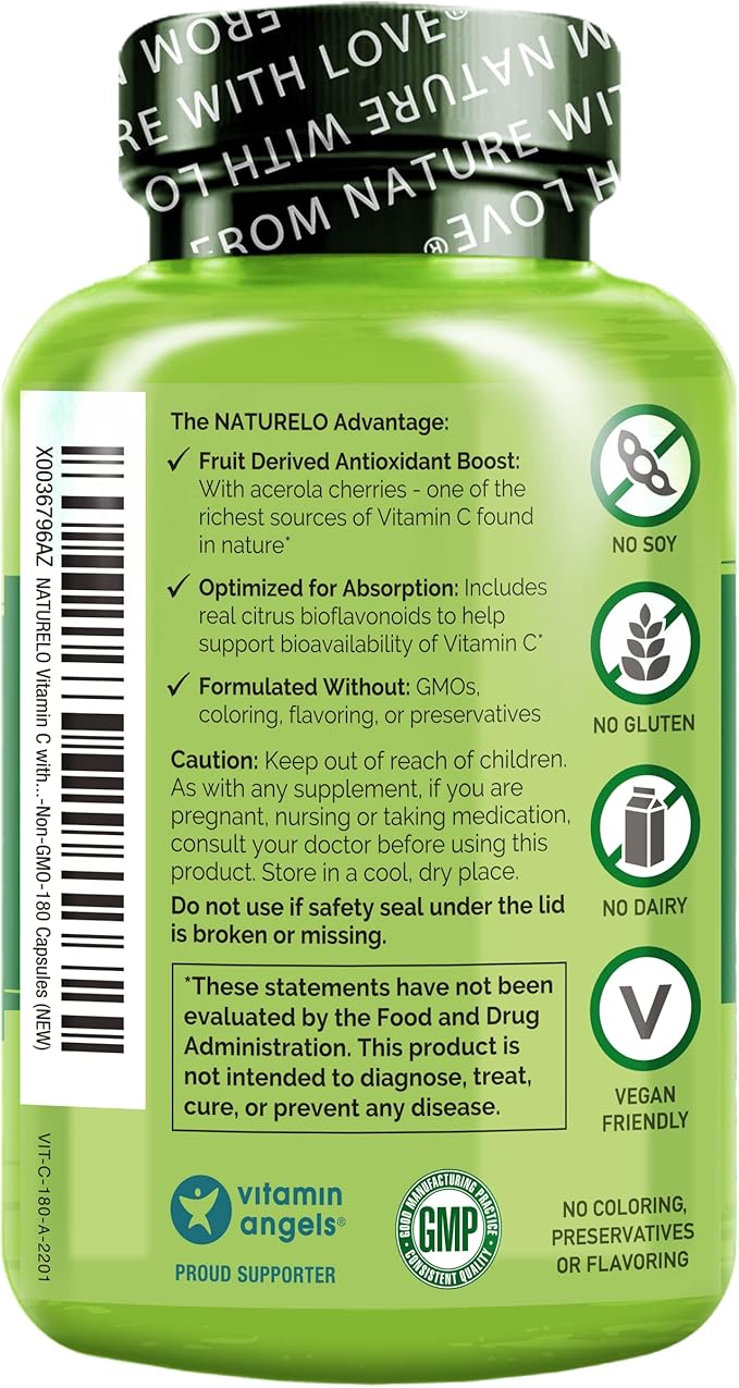 NATURELO Vitamin C with Organic Acerola Cherry Extract and Citrus Bioflavonoids - Vegan Supplement - Immune Support - 500 mg VIT C per Cap - Non-GMO - 180 Capsules