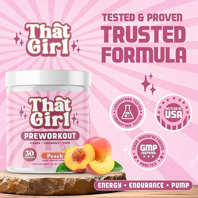 That Girl Pre Workout for Women - Slay Your Gym Sesh with Pure Fire Energy & Mega Pumps - 100% Natural & Clean - Delish Peach Flavor - 30 Servings