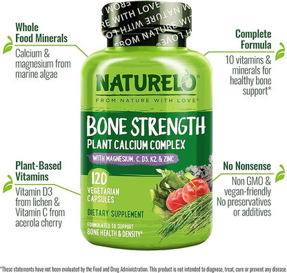 NATURELO Calcium Supplement - with Vitamin C, Vitamin D3, K2, and Calcium Magnesium Zinc for Bone Strength with Calcium 600mg - Plant-Based, 240 Vegetarian Capsules, Non-GMO, Soy & Gluten-Free