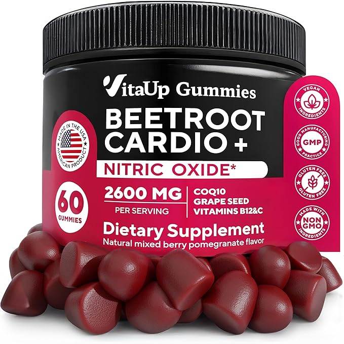 Beet Root Gummies - Cardio Beet Gummies 2600mg - Nitric Oxide Gummies with Beet Root, Grape Seed Extract, Coq10, Vitamin C & B12 - Beet Chews for Normal Blood Pressure & Heart Health – 60 Count