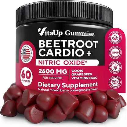 Beet Root Gummies - Cardio Beet Gummies 2600mg - Nitric Oxide Gummies with Beet Root, Grape Seed Extract, Coq10, Vitamin C & B12 - Beet Chews for Normal Blood Pressure & Heart Health – 60 Count