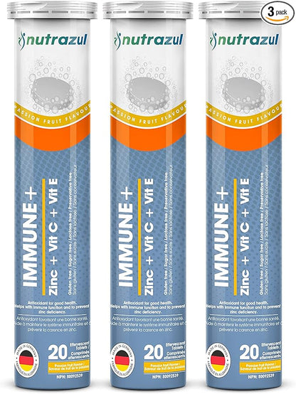nutrazul Immune+ Effervescent Tablets | Vitamin C and Zinc with Vitamin E | 60 Tablets | Immune Support for Adults & Kids | Ideal for Flu Season Protection | Passion Fruit Flavor