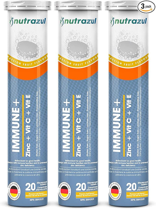 nutrazul Immune+ Effervescent Tablets | Vitamin C and Zinc with Vitamin E | 60 Tablets | Immune Support for Adults & Kids | Ideal for Flu Season Protection | Passion Fruit Flavor