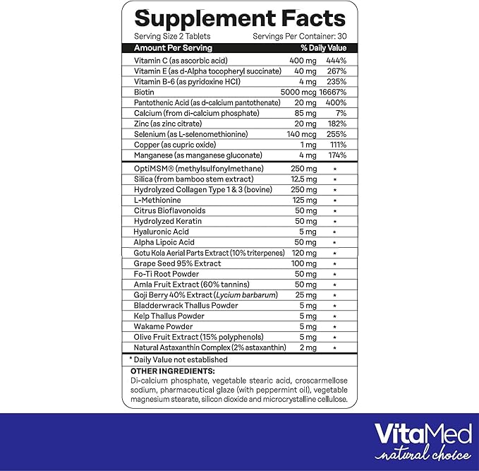 Hair Skin and Nails Vitamins - Collagen Pills for Hair Growth, Biotin 5000mcg to Strengthen Nails and Glowing Skin, Hyaluronic Acid, Vitamin C, E, B6, Keratin Hair Treatment (60)