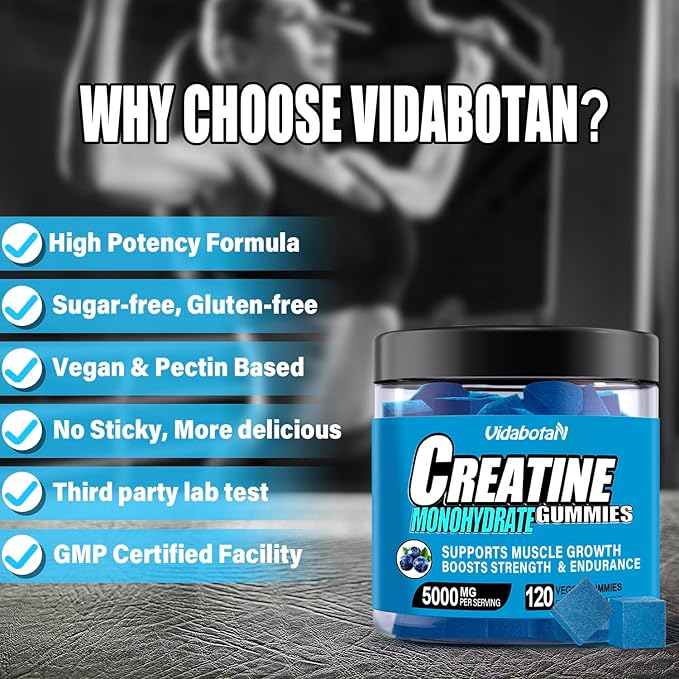 Creatine Monohydrate Gummies for Men & Women-5g of Creatine Monohydrate per Serving- Increase Strength and Build Muscle,Sugar Free,Vegan,Blueberry Flavor, 120 Count,B571