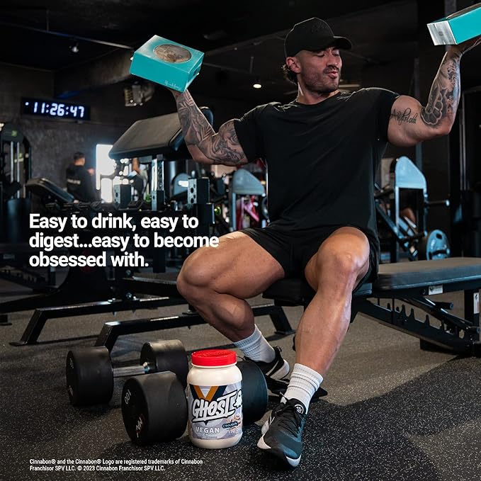 GHOST Vegan Protein Powder, Cinnabon - 2lb, 20g of Protein - Plant-Based Pea & Organic Pumpkin Protein - ­Post Workout & Nutrition Shakes, Smoothies, & Baking - Soy & Gluten-Free