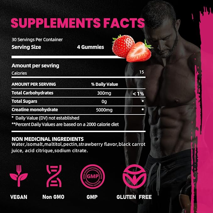 Creatine Monohydrate Gummies 5000mg for Men & Women, Gomitas de Creatina 5g Creatine Monohydrate, 0g Sugar Chewables Creatine Pre-Work Out for Muscle Strength, Vegan,120 Count (120 Count, Strawberry)