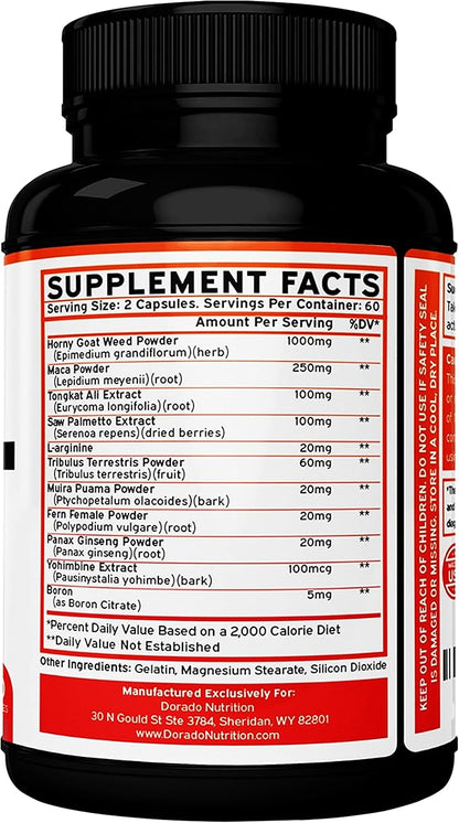 Horny Goat Weed For Men and Women - [Maximum Strength 1590mg] Maca, Ginseng, L-Arginine, Tribulus - Premium Hornygoatweed For Men - Icariin Epimedium For Men - 3rd Party Tested - USA Made - 120 Count