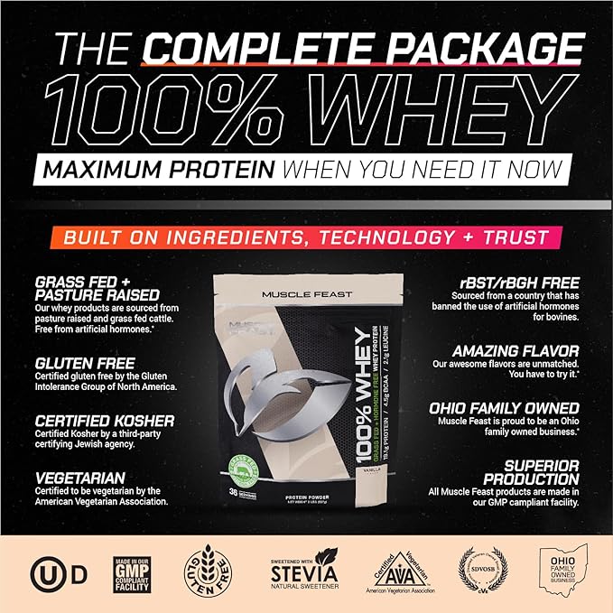 Muscle Feast 100% Grass-Fed Whey Protein, Pastured Raised Hormone Free All Natural, Vanilla, 2lb
