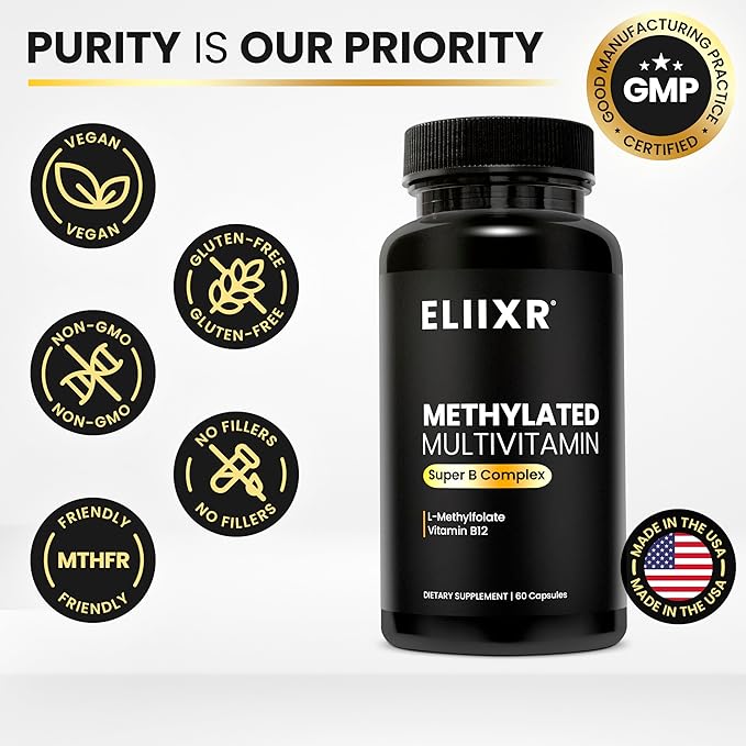 Methylated Multivitamin for Men and Women | Methyl B12, Methylfolate, 5-MTHF, Vegan, Iron-Free, Energy & Immune Support | 60 Vegetable Capsules | Manufactured in The USA