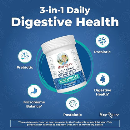 MaryRuth Organics 3 in 1 Probiotics for Digestive Health | Prebiotic & Postbiotic | Gut Health Supplement for Women & Men | Powder Probiotics for Women | Immune Support | 50 Billion CFU | 0.5 oz