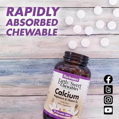 Bluebonnet Nutrition Calcium Magnesium Plus Vitamin D3 Earthsweet, Bone Health & Muscle Relaxation, Soy-Free, Gluten-Free, Kosher Certified, Dairy-Free, 90 Vanilla Flavored Chewable Tablets