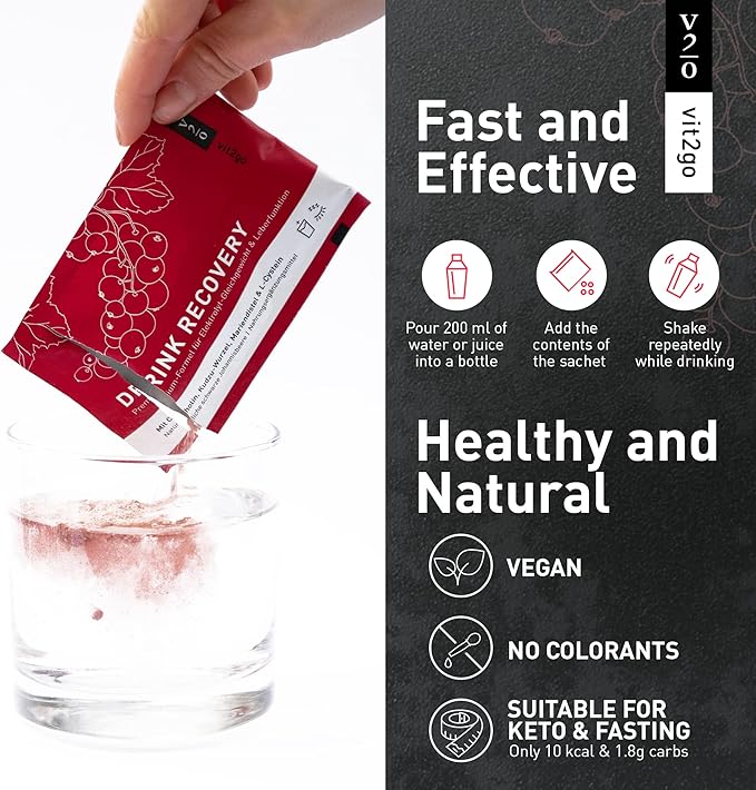 Drink Recovery Electrolytes Powder 250g with Vitamins, Vegan Electrolyte Packets for Hydration & Liver Detox, Blackcurrant Flavor (25 Portions)