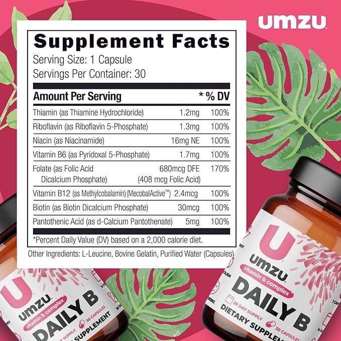 UMZU Daily B | 100% Complete Vitamin B Complex with B1, B2, B3, B5, B6, B7, B9 & B12 with Folic Acid | Supports Natural Energy Production &Cognitive Function Well (30 Day Supply | 30 Capsules)