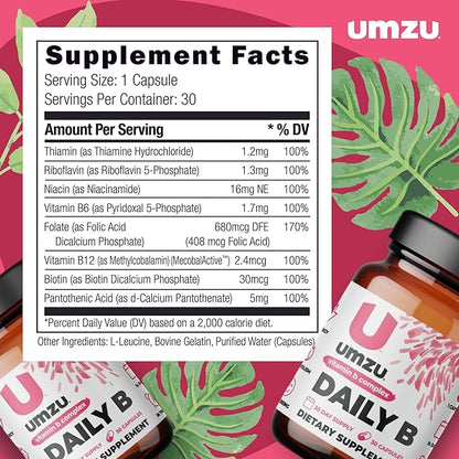 UMZU Daily B | 100% Complete Vitamin B Complex with B1, B2, B3, B5, B6, B7, B9 & B12 with Folic Acid | Supports Natural Energy Production &Cognitive Function Well (30 Day Supply | 30 Capsules)