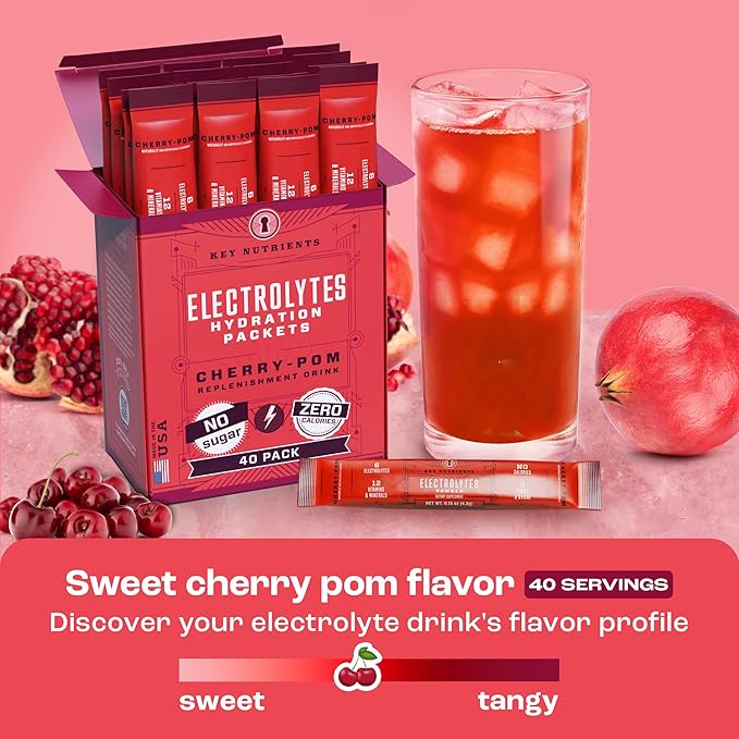 KEY NUTRIENTS Multivitamin Electrolytes Powder Packets - Sweet Cherry-Pom 40 Pack Hydration Packets - Travel Hydration Powder - No Sugar, No Calories, Gluten Free - Made in USA