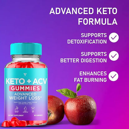 Keto ACV Gummies Advanced Weight Loss Belly Fat Burners Product Works Fast, ACV Keto Gummy Detox Cleanse Diet Apple Cider Vinegar Metabolism(60 Count)