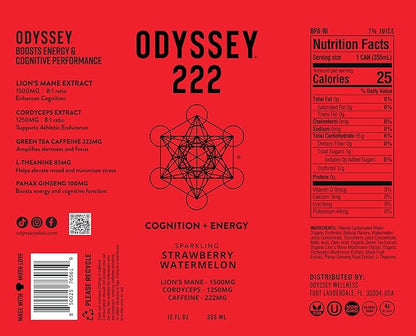 Odyssey Elixir - Odyssey 222 - Sparkling Energy Drink - 222 mg of Caffeine - Lion's Mane & Cordyceps - Energy & Focus - Endurance & Stamina - Nootropic - Pre Workout - Strawberry Watermelon