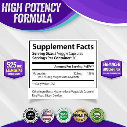 Magnesium Glycinate 525mg - High Absorption Chelated Magnesium Supplement Made with Pure Magnesium Glycinate - Supports Muscles, Sleep, Cramps, Recovery Bisglycinate Complex Vegan Non-GMO 90 Capsules