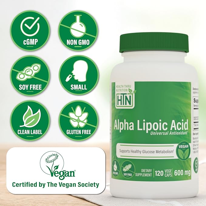 Health Thru Nutrition Alpha Lipoic Acid 600mg 120 Servings | Certified Vegan | Universal Antioxidant | Non-GMO, 3rd Party Tested, Hypoallergenic, Gluten Free, Soy Free ALA Capsules