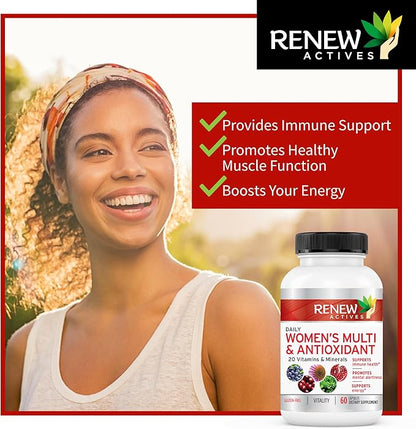 Renew Actives Women's Multi-Vitamin & Antioxidant: Daily Health Supplement - 22 Vitamins & Minerals for Energy and Mental Alertness - 60 Capsules