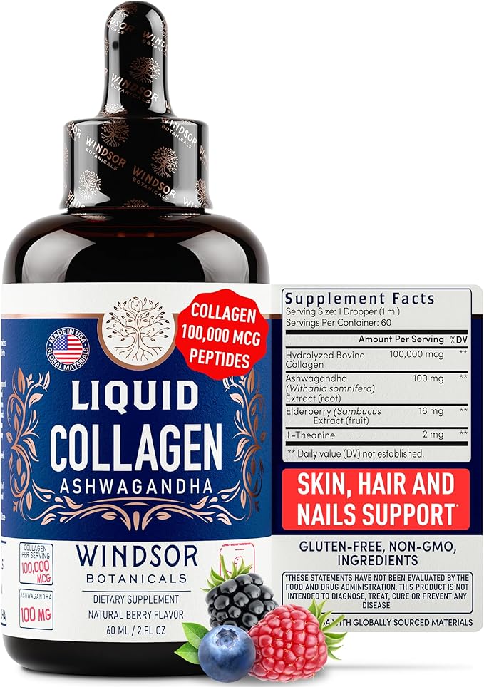 Liquid Collagen for Women with Ashwagandha, Elderberry, L-Theanine - High Absorption 100,000 mcg Hydrolyzed Collagen Peptides Liquid - Collagen Drops Hair, Skin, Nails and Nails Support – 60 Servings