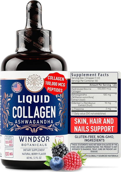 Liquid Collagen for Women with Ashwagandha, Elderberry, L-Theanine - High Absorption 100,000 mcg Hydrolyzed Collagen Peptides Liquid - Collagen Drops Hair, Skin, Nails and Nails Support – 60 Servings